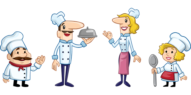 dos parejas de chefs de cocina pretenden presentar un plato (dibujos)